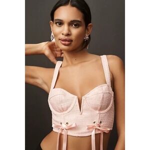 Anthropologie Tweed Corset Bustier Top Sz XL Pink Ribbons Feminine Sexy Romantic